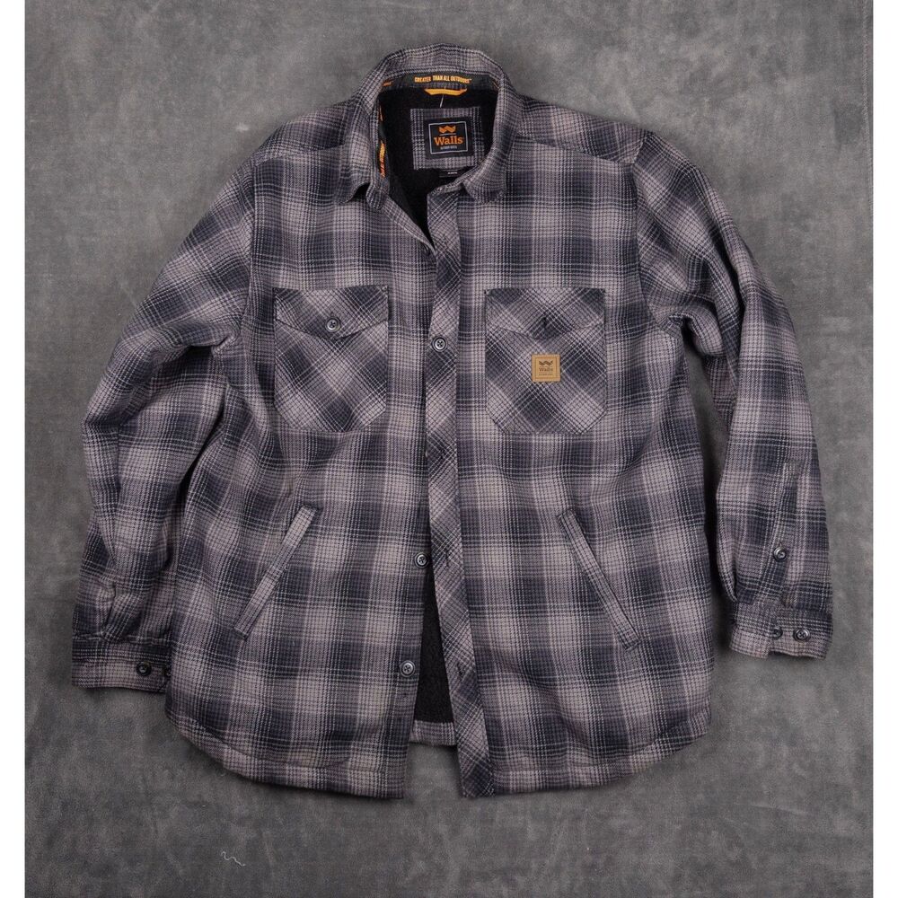 Walls Outdoor Goods Plaid Sherpa Lined Heavy Flannel Jacket Gray Black XL